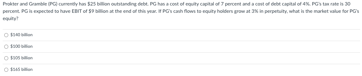 Prokter and Gramble (PG) currently has $25 billion outstanding debt. PG has a cost of equity capital of 7 percent and a cost of debt capital of 4%. PG's tax rate is 30
percent. PG is expected to have EBIT of $9 billion at the end of this year. If PG's cash flows to equity holders grow at 3% in perpetuity, what is the market value for PG's
equity?
O $140 billion
O $100 billion
O $105 billion
O $165 billion