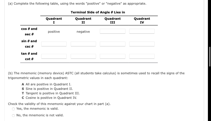 (a) Complete the following table, using the words "positive" or "negative" as appropriate.
Terminal Side of Angle Lies in
Quadrant
II
Quadrant
III
cos and
sec @
sin 0 and
csc 0
tan 0 and
cot 6
Quadrant
I
positive
negative
(b) The mnemonic (memory device) ASTC (all students take calculus) is sometimes used to recall the signs of the
trigonometric values in each quadrant:
A All are positive in Quadrant I.
S Sine is positive in Quadrant II.
T Tangent is positive in Quadrant III.
C Cosine is positive in Quadrant IV.
Quadrant
IV
Check the validity of this mnemonic against your chart in part (a).
O Yes, the mnemonic is valid.
○ No, the mnemonic is not valid.