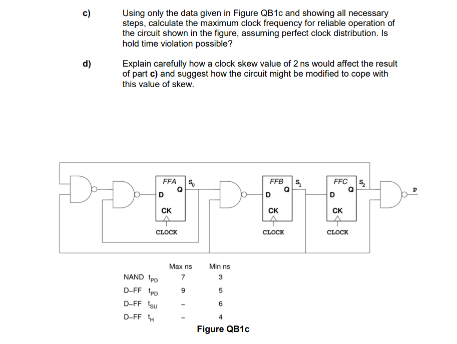c)
d)
Using only the data given in Figure QB1c and showing all necessary
steps, calculate the maximum clock frequency for reliable operation of
the circuit shown in the figure, assuming perfect clock distribution. Is
hold time violation possible?
Explain carefully how a clock skew value of 2 ns would affect the result
of part c) and suggest how the circuit might be modified to cope with
this value of skew.
FFA $
Q
D
NAND PD
D-FF PD
D-FF ¹sU
D-FF tH
CK
CLOCK
Max ns
7
Min ns
3
5
6
4
Figure QB1c
FFB $₁₂
D
CK
CLOCK
FFC
D
CK
Q
CLOCK
S,
P