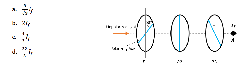 8
а.
30
b. 21f
60
Unpolarized light/
If
C.
A
Polarizing Axis
32
d.
3
P1
P2
P3
