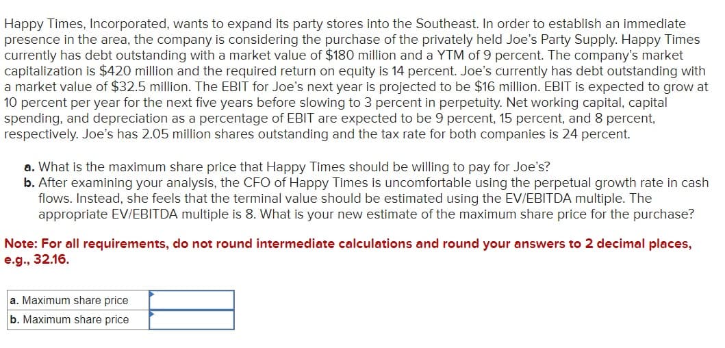 Happy Times, Incorporated, wants to expand its party stores into the Southeast. In order to establish an immediate
presence in the area, the company is considering the purchase of the privately held Joe's Party Supply. Happy Times
currently has debt outstanding with a market value of $180 million and a YTM of 9 percent. The company's market
capitalization is $420 million and the required return on equity is 14 percent. Joe's currently has debt outstanding with
a market value of $32.5 million. The EBIT for Joe's next year is projected to be $16 million. EBIT is expected to grow at
10 percent per year for the next five years before slowing to 3 percent in perpetuity. Net working capital, capital
spending, and depreciation as a percentage of EBIT are expected to be 9 percent, 15 percent, and 8 percent,
respectively. Joe's has 2.05 million shares outstanding and the tax rate for both companies is 24 percent.
a. What is the maximum share price that Happy Times should be willing to pay for Joe's?
b. After examining your analysis, the CFO of Happy Times is uncomfortable using the perpetual growth rate in cash
flows. Instead, she feels that the terminal value should be estimated using the EV/EBITDA multiple. The
appropriate EV/EBITDA multiple is 8. What is your new estimate of the maximum share price for the purchase?
Note: For all requirements, do not round intermediate calculations and round your answers to 2 decimal places,
e.g., 32.16.
a. Maximum share price
b. Maximum share price