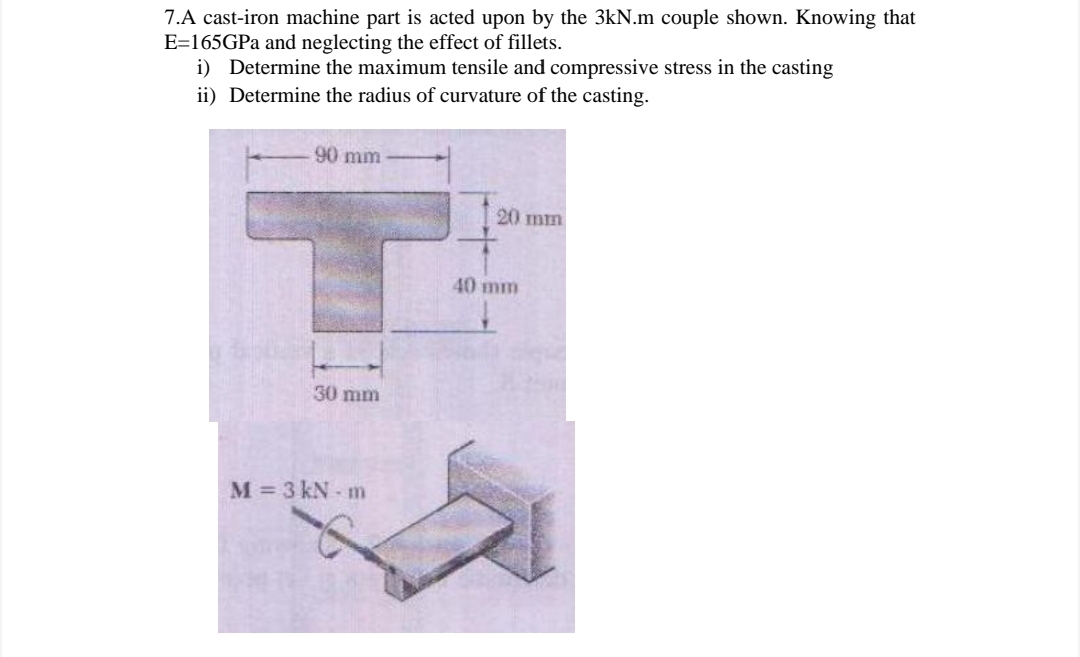 7.A cast-iron machine part is acted upon by the 3kN.m couple shown. Knowing that
E=165GPA and neglecting the effect of fillets.
i) Determine the maximum tensile and compressive stress in the casting
ii) Determine the radius of curvature of the casting.
90 mm
20 mm
40 mm
30 mm
M = 3 kN m
