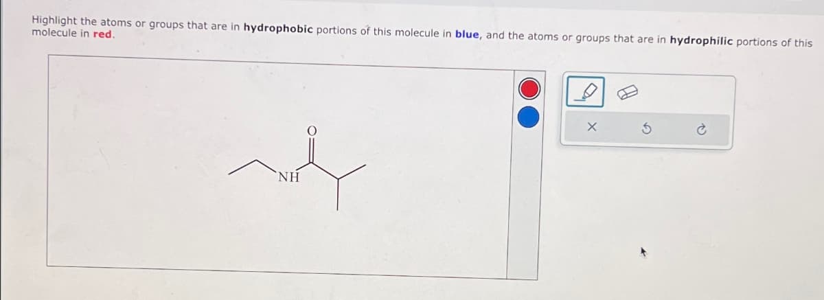Highlight the atoms or groups that are in hydrophobic portions of this molecule in blue, and the atoms or groups that are in hydrophilic portions of this
molecule in red.
NH
5