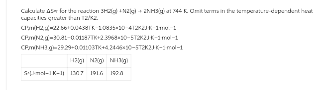 Calculate ASor for the reaction 3H2(g) +N2(g) → 2NH3(g) at 744 K. Omit terms in the temperature-dependent heat
capacities greater than T2/K2.
CP,m(H2,g)=22.66+0.0438TK-1.0835x10-4T2K2J-K-1-mol-1
CP,m(N2,g)=30.81-0.01187TK+2.3968x10-5T2K2J-K-1.mol-1
CP,m(NH3,g)=29.29+0.01103TK+4.2446x10-5T2K2J-K-1.mol-1
H2(g) N2(g) NH3(g)
So(J.mol-1 K-1) 130.7 191.6 192.8