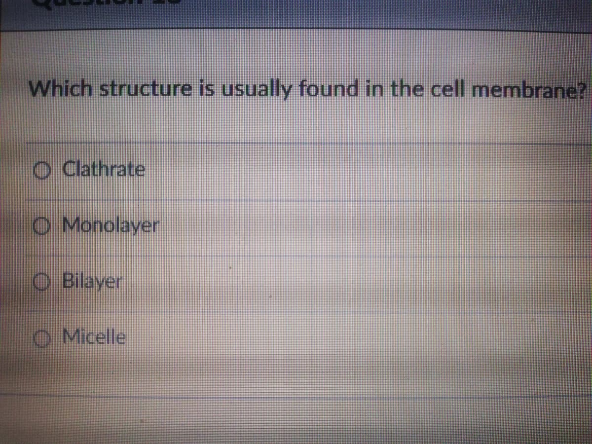 Which structure is usually found in the cell membrane?
O Clathrate
O Monolayer
O Bilayer
O Micelle
