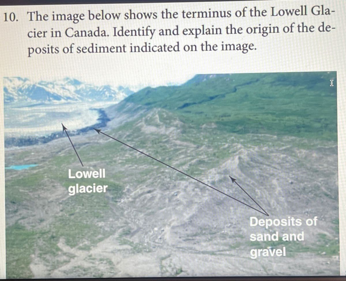 10. The image below shows the terminus of the Lowell Gla-
cier in Canada. Identify and explain the origin of the de-
posits of sediment indicated on the image.
Lowell
glacier
Deposits of
sand and
gravel
I