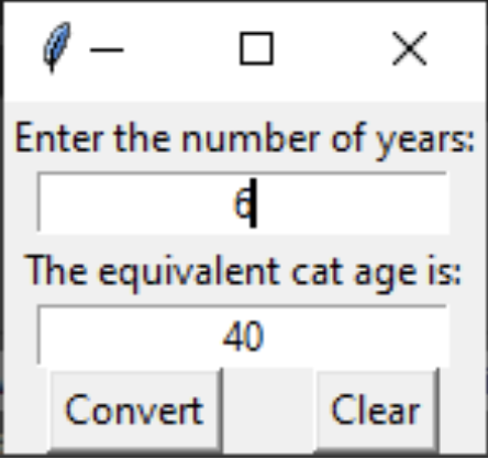 Enter the number of years:
The equivalent cat age is:
40
Convert
Clear
