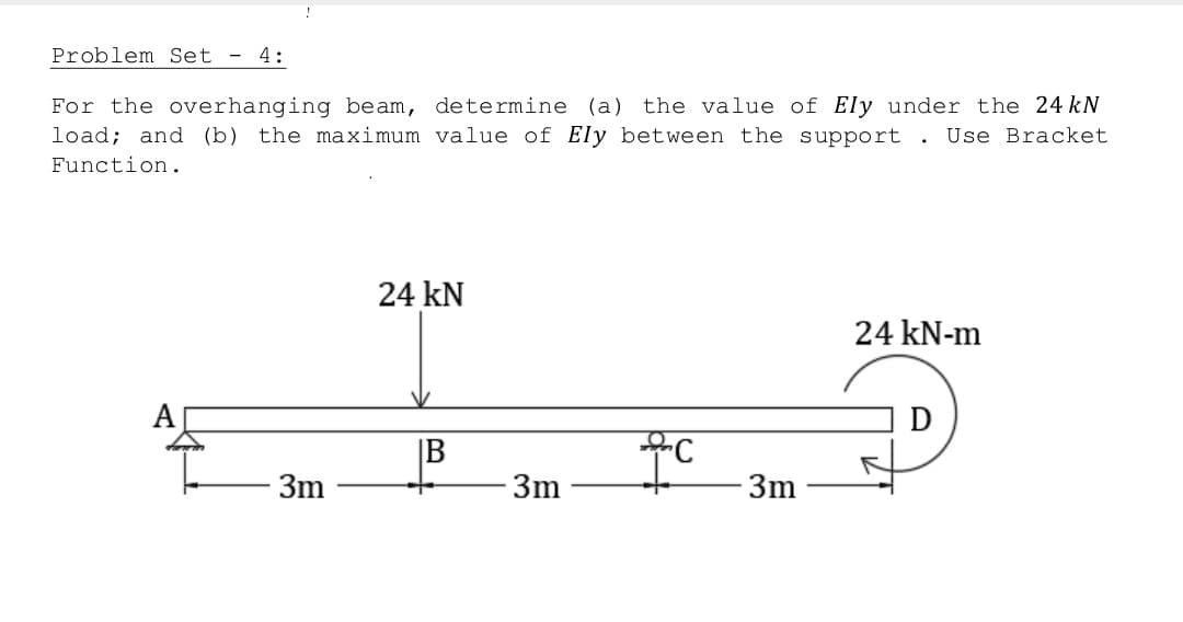 Problem Set 4:
For the overhanging beam, determine (a) the value of Ely under the 24 kN
load; and (b) the maximum value of Ely between the support . Use Bracket
Function.
3m
24 kN
B
3m
fc
3m
24 kN-m
