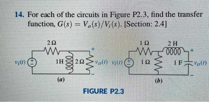 14. For each of the circuits in Figure P2.3, find the transfer
function, G(s) = Vo(s)/V; (s). [Section: 2.4]
v¡(1)
292
www
1H
(a)
oooo
203
2Ω Vo(t) vj(t)
FIGURE P2.3
ΤΩ
192
w
(b)
2 H
0000+
IF Vo(t)
I