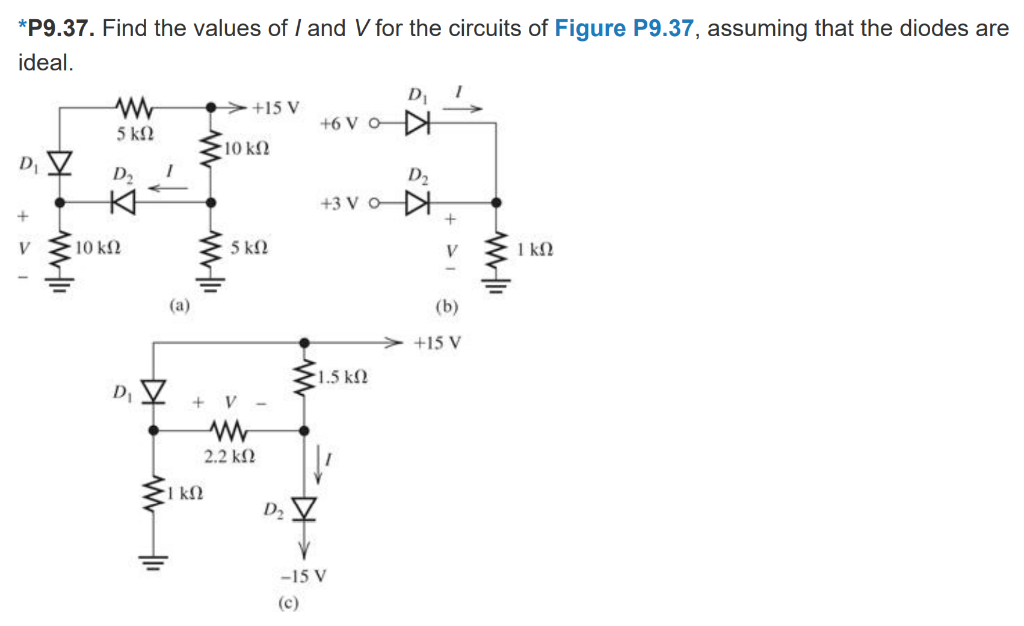 *P9.37. Find the values of I and V for the circuits of Figure P9.37, assuming that the diodes are
ideal.
D₁ V
+
α • ΜΙ
V
ξ
5 ΚΩ
10 ΚΩ
D,
Κ
D₁
• Μ
(3)
1 ΚΩ
>> +15 V
10 ΚΩ
• MI
5 ΚΩ
V-
2.2 ΚΩ
μόνο α
αν
+3vo α
1.5 ΚΩ
-15 V
(c)
+
(b)
+15 V
WHI
ΓΚΩ