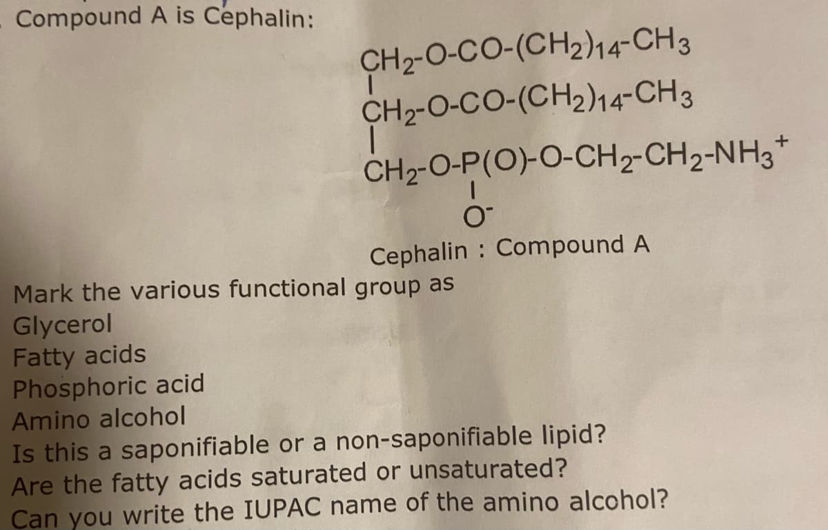 Compound A is Cephalin:
CH2-O-CO-(CH2)14-CH3
CH2-O-CO-(CH2)14-CH3
CH2-O-P(O)-0-CH2-CH2-NH3*
Cephalin : Compound A
Mark the various functional group as
Glycerol
Fatty acids
Phosphoric acid
Amino alcohol
Is this a saponifiable or a non-saponifiable lipid?
Are the fatty acids saturated or unsaturated?
Can you write the IUPAC name of the amino alcohol?

