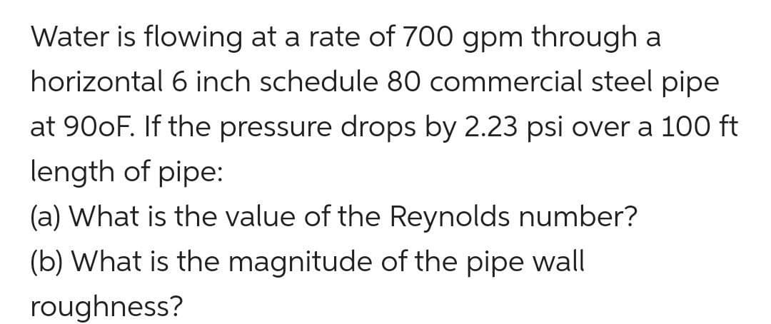 Water is flowing at a rate of 700 gpm through a
horizontal 6 inch schedule 80 commercial steel pipe
at 900F. If the pressure drops by 2.23 psi over a 100 ft
length of pipe:
(a) What is the value of the Reynolds number?
(b) What is the magnitude of the pipe wall
roughness?