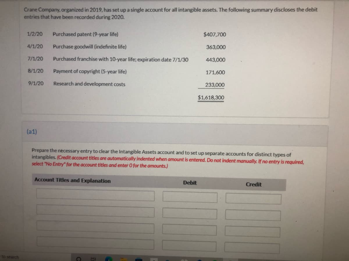 Crane Company, organized in 2019, has set up a single account for all intangible assets. The following summary discloses the debit
entries that have been recorded during 2020.
1/2/20
Purchased patent (9-year life)
$407,700
4/1/20
Purchase goodwill (indefinite life)
363,000
7/1/20
Purchased franchise with 10-year life; expiration date 7/1/30
443,000
8/1/20
Payment of copyright (5-year life)
171,600
9/1/20
Research and development costs
233,000
$1,618,300
(a1)
Prepare the necessary entry to clear the Intangible Assets account and to set up separate accounts for distinct types of
intangibles. (Credit account titles are automatically indented when amount is entered. Do not indent manually. If no entry is required,
select "No Entry" for the account titles and enter O for the amounts.)
Account Titles and Explanation
Debit
Credit
to search
