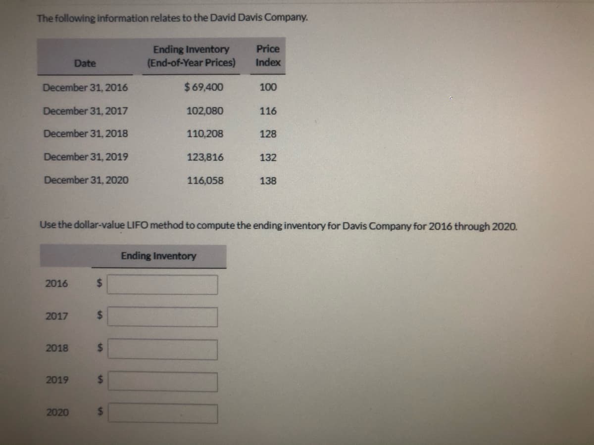 The following information relates to the David Davis Company.
Price
Ending Inventory
(End-of-Year Prices)
Date
Index
December 31, 2016
$69,400
100
December 31, 2017
102,080
116
December 31, 2018
110,208
128
December 31, 2019
123,816
132
December 31, 2020
116,058
138
Use the dollar-value LIFO method to compute the ending inventory for Davis Company for 2016 through 2020.
Ending Inventory
2016
%24
2017
%24
2018
%24
2019
%24
2020
%24
