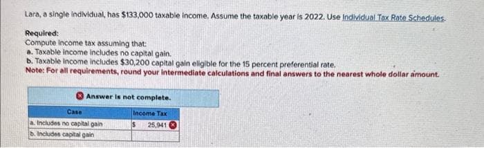 Lara, a single individual, has $133,000 taxable income. Assume the taxable year is 2022. Use Individual Tax Rate Schedules.
Required:
Compute Income tax assuming that:
a. Taxable income includes no capital gain.
b. Taxable income includes $30,200 capital gain eligible for the 15 percent preferential rate.
Note: For all requirements, round your intermediate calculations and final answers to the nearest whole dollar amount.
Case
Answer is not complete.
a. Includes no capital gain
b. Includes capital gain
Income Tax
25,941