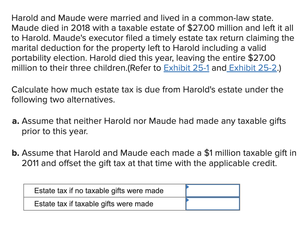 Harold and Maude were married and lived in a common-law state.
Maude died in 2018 with a taxable estate of $27.00 million and left it all
to Harold. Maude's executor filed a timely estate tax return claiming the
marital deduction for the property left to Harold including a valid
portability election. Harold died this year, leaving the entire $27.00
million to their three children.(Refer to Exhibit 25-1 and Exhibit 25-2.)
Calculate how much estate tax is due from Harold's estate under the
following two alternatives.
a. Assume that neither Harold nor Maude had made any taxable gifts
prior to this year.
b. Assume that Harold and Maude each made a $1 million taxable gift in
2011 and offset the gift tax at that time with the applicable credit.
Estate tax if no taxable gifts were made
Estate tax if taxable gifts were made