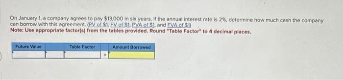On January 1, a company agrees to pay $13,000 in six years. If the annual interest rate is 2%, determine how much cash the company.
can borrow with this agreement. (PV of $1. EV of $1. PVA of $1, and EVA of $1)
Note: Use appropriate factor(s) from the tables provided. Round "Table Factor" to 4 decimal places.
Future Value
Table Factor
Amount Borrowed