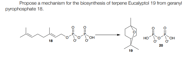 Propose a mechanism for the biosynthesis of terpene Eucalyptol 19 from geranyl
pyrophosphate 18.
OH
18
19
HO
OH
20