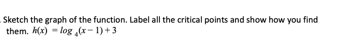 Sketch the graph of the function. Label all the critical points and show how you find
them. h(x) = log (x– 1)+3
