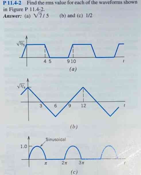 P11.4-2 Find the rms value for each of the waveforms shown
in Figure P 11.4-2.
Answer: (a) V7/5 (b) and (c) 1/2
3
45
910
(a)
Val
1.0
3
ما
6
9
Sinusoidal
(b)
ميط
12
(C)