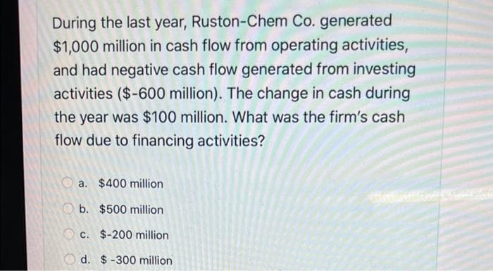 During the last year, Ruston-Chem Co. generated
$1,000 million in cash flow from operating activities,
and had negative cash flow generated from investing
activities ($-600 million). The change in cash during
the year was $100 million. What was the firm's cash
flow due to financing activities?
a. $400 million
b. $500 million
c. $-200 million
Od. $-300 million