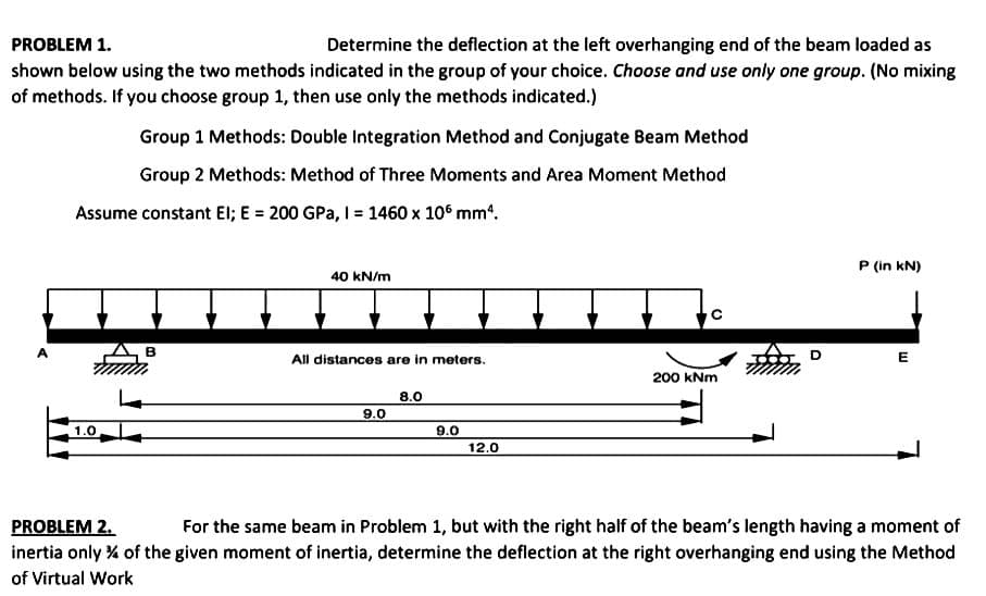 PROBLEM 1.
Determine the deflection at the left overhanging end of the beam loaded as
shown below using the two methods indicated in the group of your choice. Choose and use only one group. (No mixing
of methods. If you choose group 1, then use only the methods indicated.)
Group 1 Methods: Double Integration Method and Conjugate Beam Method
Group 2 Methods: Method of Three Moments and Area Moment Method
Assume constant El; E = 200 GPa, 1 = 1460 x 106 mm².
1.0
B
40 kN/m
All distances are in meters.
9.0
8.0
9.0
12.0
с
200 kNm
P (in kN)
E
PROBLEM 2.
For the same beam in Problem 1, but with the right half of the beam's length having a moment of
inertia only % of the given moment of inertia, determine the deflection at the right overhanging end using the Method
of Virtual Work