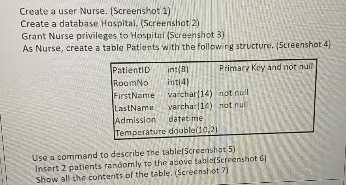 Create a user Nurse. (Screenshot 1)
Create a database Hospital. (Screenshot 2)
Grant Nurse privileges to Hospital (Screenshot 3)
As Nurse, create a table Patients with the following structure. (Screenshot 4)
PatientID
RoomNo
FirstName
LastName
Admission
Temperature double(10,2)
int(8)
Primary Key and not null
int(4)
varchar(14) not null
varchar(14) not null
datetime
Use a command to describe the table(Screenshot 5)
Insert 2 patients randomly to the above table(Screenshot 6)
Show all the contents of the table. (Screenshot 7)
