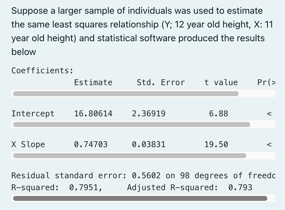 Suppose a larger sample of individuals was used to estimate
the same least squares relationship (Y; 12 year old height, X: 11
year old height) and statistical software produced the results
below
Coefficients:
Intercept
X Slope
Estimate
16.80614
0.74703
Std. Error
2.36919
0.03831
t value
6.88
19.50
Pr(>
V
V
Residual standard error: 0.5602 on 98 degrees of freedc
R-squared: 0.7951,
Adjusted R-squared: 0.793