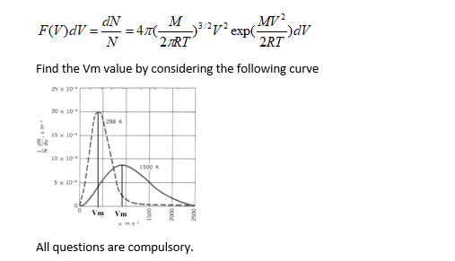 F(V)dV = dN
N
M
= 47(-
2 RT
av² exp(=
MV².
-)dv
2RT
Find the Vm value by considering the following curve
Dx 10
20 x 10
298 K
15 x 10
1.
10 x 10
1500 K
5x 10
Vm
Vm
All questions are compulsory.
