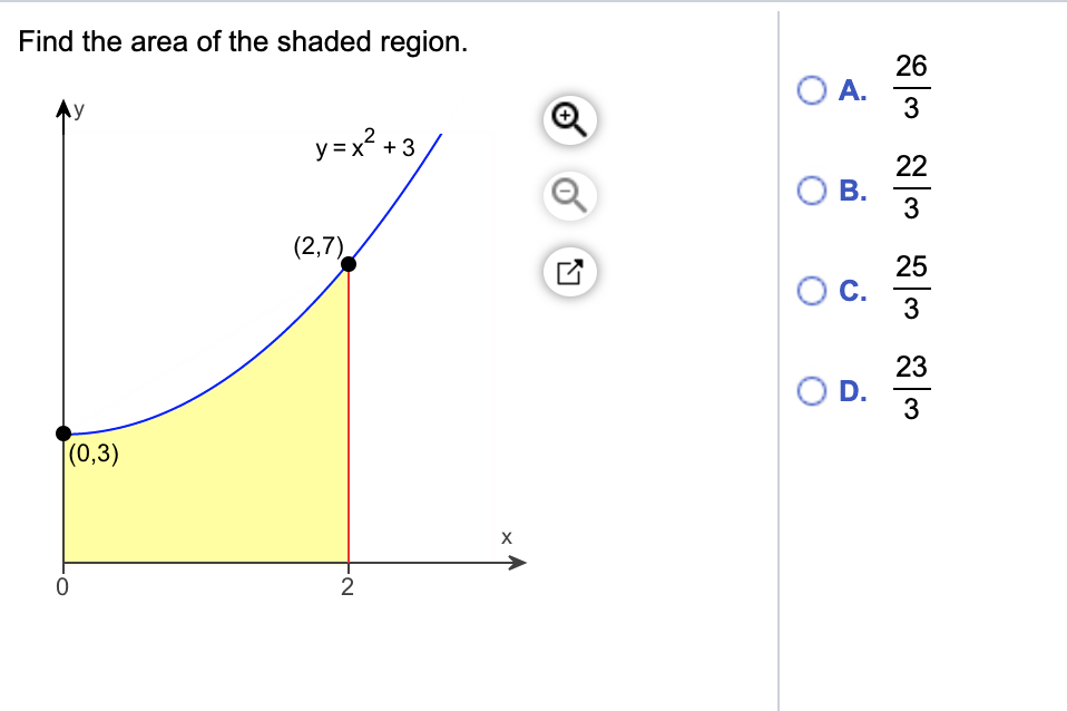 Find the area of the shaded region.
26
OA.
3
Q
y =x? + 3,
22
ОВ.
3
(2,7)
25
С.
3
23
OD.
3
|(0,3)
