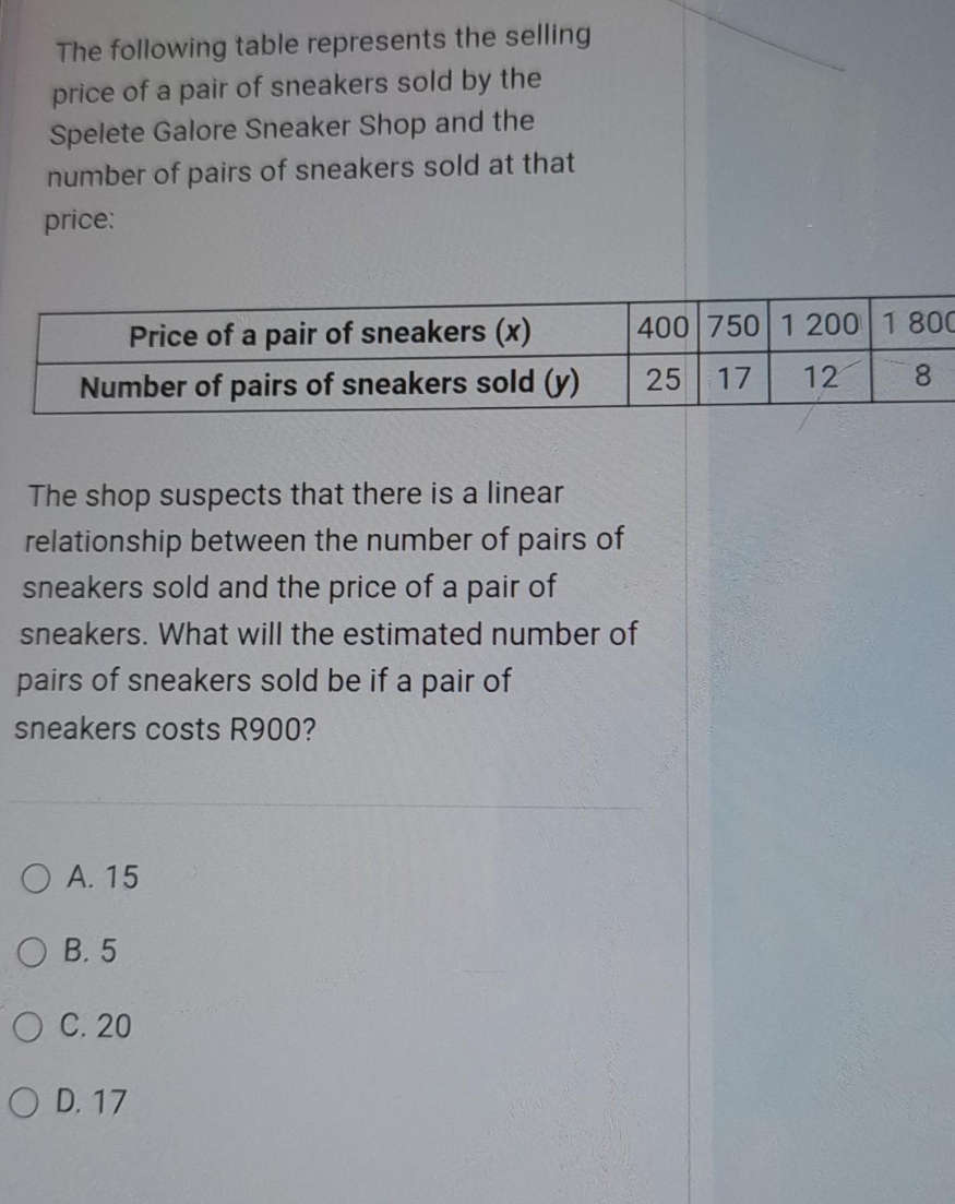 The following table represents the selling
price of a pair of sneakers sold by the
Spelete Galore Sneaker Shop and the
number of pairs of sneakers sold at that
price:
Price of a pair of sneakers (x)
Number of pairs of sneakers sold (y)
400 750 1 200 1 800
25 17 12
8
The shop suspects that there is a linear
relationship between the number of pairs of
sneakers sold and the price of a pair of
sneakers. What will the estimated number of
pairs of sneakers sold be if a pair of
sneakers costs R900?
OA. 15
OB. 5
OC. 20
OD. 17