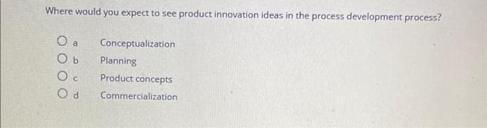 Where would you expect to see product innovation ideas in the process development process?
O a
Ob
Conceptualization
Planning
Product concepts
Oc
Od Commercialization