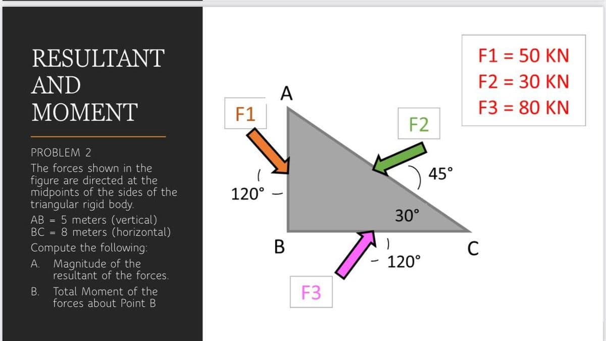 F1 = 50 KN
F2 = 30 KN
RESULTANT
AND
A
F1
ΜΟΜΕΝΤ
F3 = 80 KN
F2
PROBLEM 2
The forces shown in the
figure are directed at the
midpoints of the sides of the
triangular rigid body.
45°
120°
30°
AB = 5 meters (vertical)
BC = 8 meters (horizontal)
Compute the following:
A. Magnitude of the
resultant of the forces.
В
C
120°
B.
Total Moment of the
forces about Point B
F3
