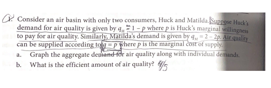 Consider an air basin with only two consumers, Huck and Matilda. Suppose Huck's
demand for air quality is given by q1 - p where p is Huck's marginal willingness
to pay for air quality. Similarly, Matilda's demand is given by 9M-2-2p. Air quality
can be supplied according to q = p where p is the marginal cost of supply.
a. Graph the aggregate demand for air quality along with individual demands.
b. What is the efficient amount of air quality? 4/5
