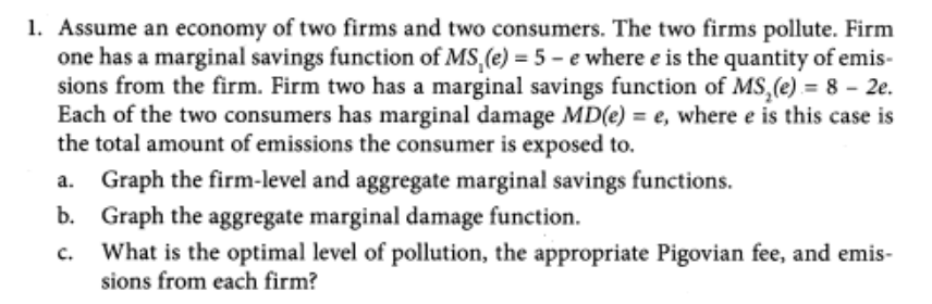 1. Assume an economy of two firms and two consumers. The two firms pollute. Firm
one has a marginal savings function of MS, (e) = 5-e where e is the quantity of emis-
sions from the firm. Firm two has a marginal savings function of MS₂(e) = 8 - 2e.
Each of the two consumers has marginal damage MD(e) = e, where e is this case is
the total amount of emissions the consumer is exposed to.
a. Graph the firm-level and aggregate marginal savings functions.
b.
Graph the aggregate marginal damage function.
C.
What is the optimal level of pollution, the appropriate Pigovian fee, and emis-
sions from each firm?