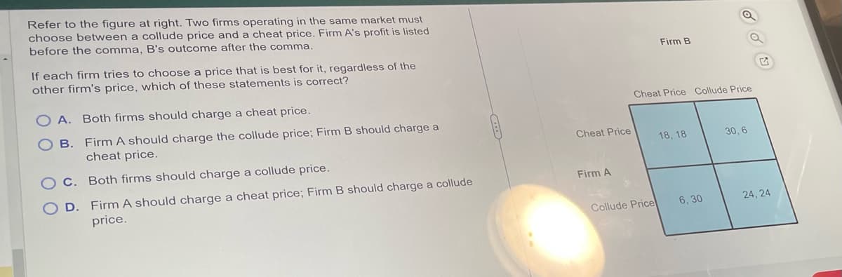 Refer to the figure at right. Two firms operating in the same market must
choose between a collude price and a cheat price. Firm A's profit is listed
before the comma, B's outcome after the comma.
If each firm tries to choose a price that is best for it, regardless of the
other firm's price, which of these statements is correct?
O A. Both firms should charge a cheat price.
OB. Firm A should charge the collude price; Firm B should charge a
cheat price.
C.
D.
Both firms should charge a collude price.
Firm A should charge a cheat price; Firm B should charge a collude
price.
Cheat Price
Firm A
Firm B
Cheat Price Collude Price
Collude Price
18, 18
6,30
30,6
24, 24