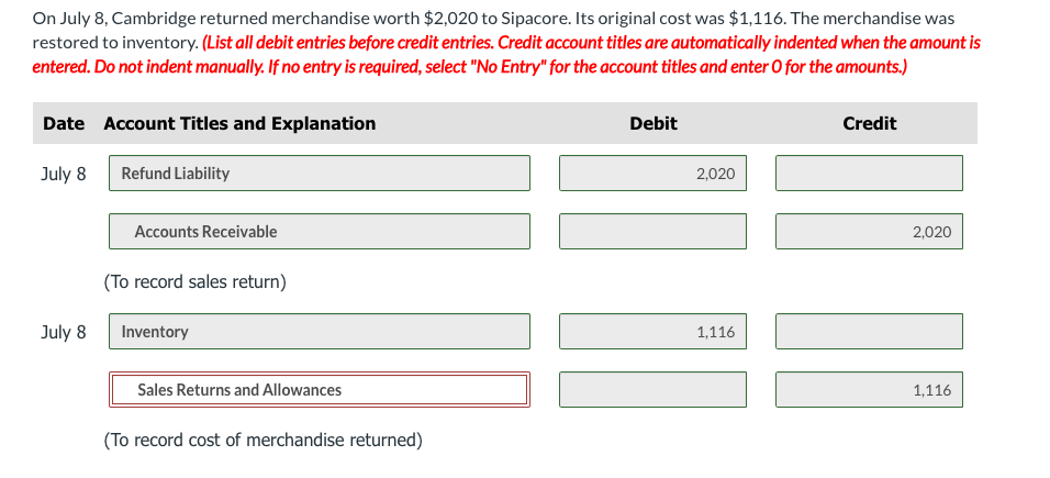 On July 8, Cambridge returned merchandise worth $2,020 to Sipacore. Its original cost was $1,116. The merchandise was
restored to inventory. (List all debit entries before credit entries. Credit account titles are automatically indented when the amount is
entered. Do not indent manually. If no entry is required, select "No Entry" for the account titles and enter O for the amounts.)
Date Account Titles and Explanation
July 8
July 8
Refund Liability
Accounts Receivable
(To record sales return)
Inventory
Sales Returns and Allowances
(To record cost of merchandise returned)
Debit
2,020
1,116
Credit
2,020
1,116