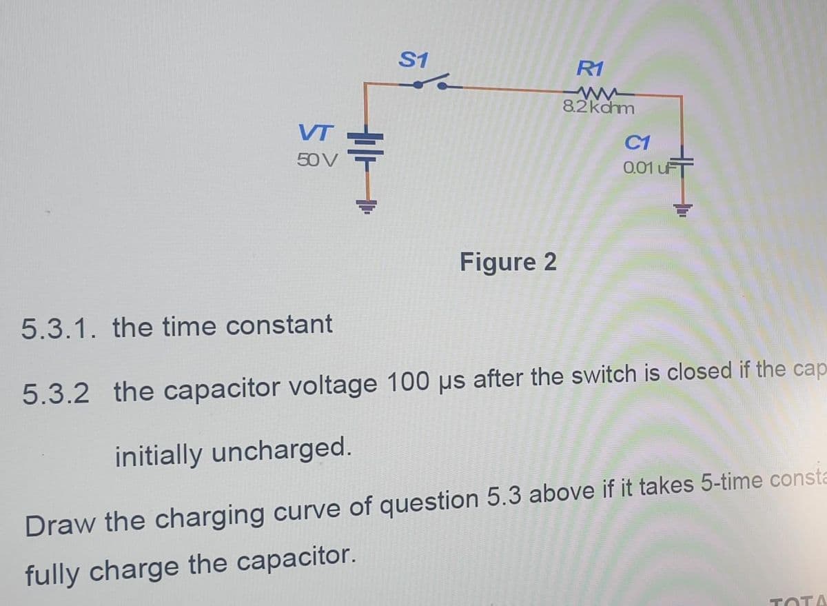 VT
50 V
Ť
S1
Figure 2
R1
www
8.2kchm
C1
0.01 uF
5.3.1. the time constant
5.3.2 the capacitor voltage 100 us after the switch is closed if the cap
initially uncharged.
Draw the charging curve of question 5.3 above if it takes 5-time consta
fully charge the capacitor.
TOTA