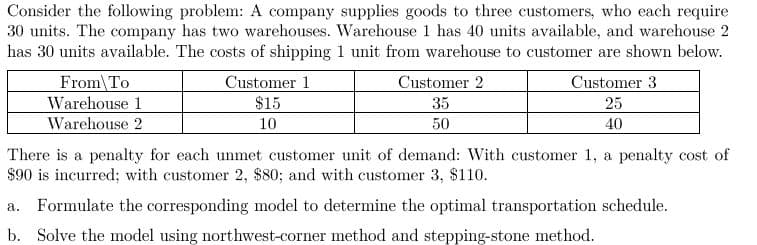 Consider the following problem: A company supplies goods to three customers, who each require
30 units. The company has two warehouses. Warehouse 1 has 40 units available, and warehouse 2
has 30 units available. The costs of shipping 1 unit from warehouse to customer are shown below.
Customer 1.
From To
Warehouse 1
Customer 2
35
Customer 3
25
$15
Warehouse 2
10
50
40
There is a penalty for each unmet customer unit of demand: With customer 1, a penalty cost of
$90 is incurred; with customer 2, $80; and with customer 3, $110.
a. Formulate the corresponding model to determine the optimal transportation schedule.
b. Solve the model using northwest-corner method and stepping-stone method.