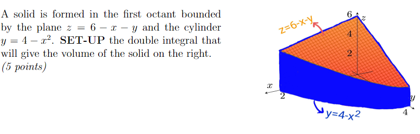 A solid is formed in the first octant bounded
by the plane z = 6 – x – y and the cylinder
y = 4 – x². SET-UP the double integral that
will give the volume of the solid on the right.
(5 points)
6.
z=6-x-y
4
y=4-x2
