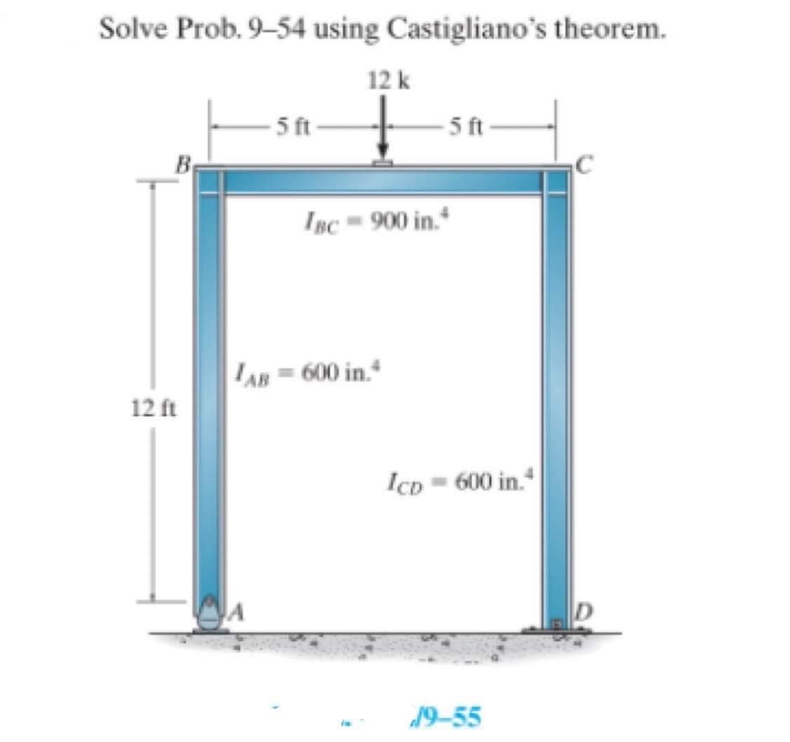 Solve Prob. 9-54 using Castigliano's theorem.
12 k
5 ft
5 ft
B
Inc= 900 in.*
AB=600 in.
12 ft
IcD = 600 in.
19–55
