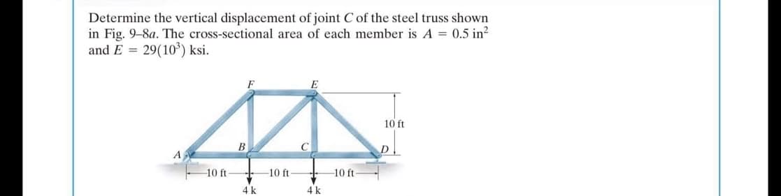 Determine the vertical displacement of joint C of the steel truss shown
in Fig. 9-8a. The cross-sectional area of each member is A = 0.5 in?
and E = 29(10') ksi.
10 ft
В
C
D
10 ft
-10 ft
-10 ft
4 k
4k
