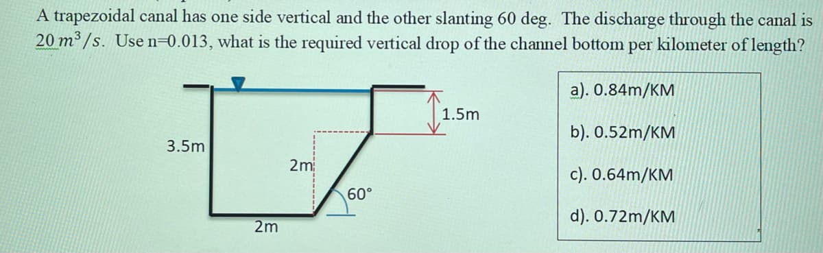 A trapezoidal canal has one side vertical and the other slanting 60 deg. The discharge through the canal is
20 m³ /s. Use n=0.013, what is the required vertical drop of the channel bottom
per
kilometer of length?
a). 0.84m/KM
1.5m
b). 0.52m/KM
3.5m
2m
c). 0.64m/KM
60°
d). 0.72m/KM
2m
