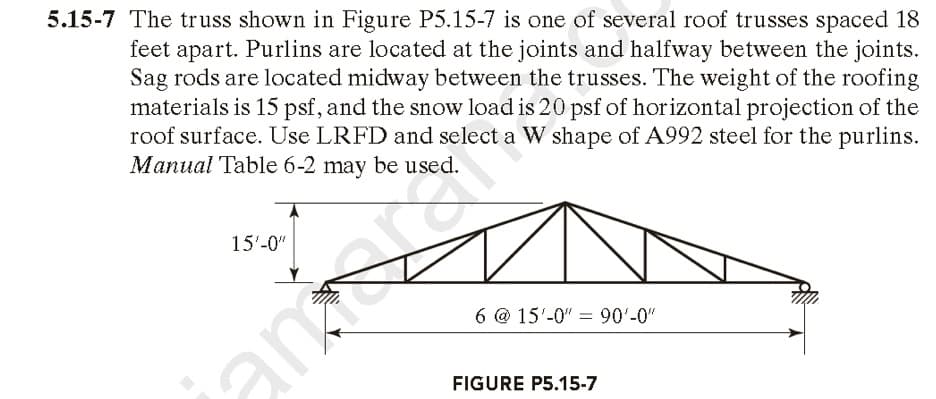 5.15-7 The truss shown in Figure P5.15-7 is one of several roof trusses spaced 18
feet apart. Purlins are located at the joints and halfway between the joints.
Sag rods are located midway between the trusses. The weight of the roofing
materials is 15 psf, and the snow load is 20 psf of horizontal projection of the
roof surface. Use LRFD and select a W shape of A992 steel for the purlins.
Manual Table 6-2 may be used.
15'-0"
6 @ 15'-0" = 90'-0"
an
FIGURE P5.15-7
