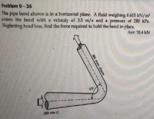 Problem 9-36
pipe bend shown is in a horizontal plane. A fluid weighing 8.615 kN/m
enters the bend with a velocity of 3.5 m/s and a pressure of 280 kPa.
Neglecting head loss, find the force required to hold the bend in place.
The
Ans 10.4 kN
65
200 mm O
80 mm diam
