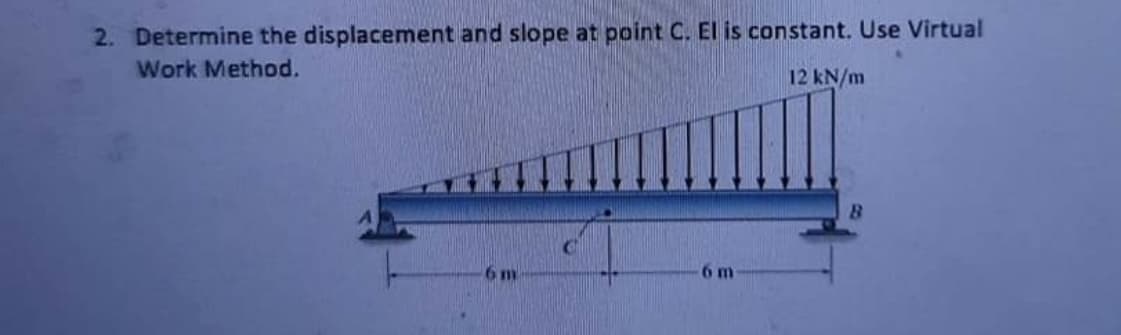 2. Determine the displacement and slope at point C. El is constant. Use Virtual
Work Method.
12 kN/m
6 m
6 m
