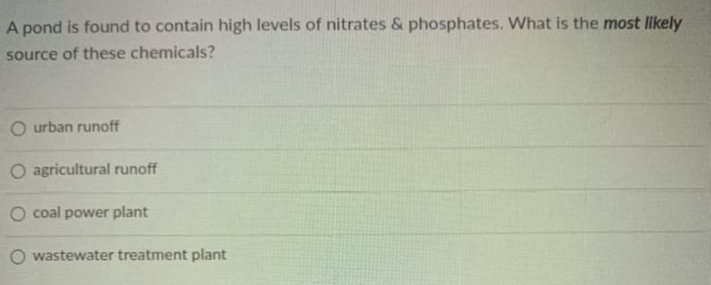 A pond is found to contain high levels of nitrates & phosphates. What is the most Ilikely
source of these chemicals?
O urban runoff
O agricultural runoff
O coal power plant
O wastewater treatment plant
