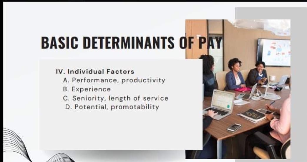 BASIC DETERMINANTS OF PAY
IV. Individual Factors
A. Performance, productivity
B. Experience
C. Seniority, length of service
D. Potential, promotability