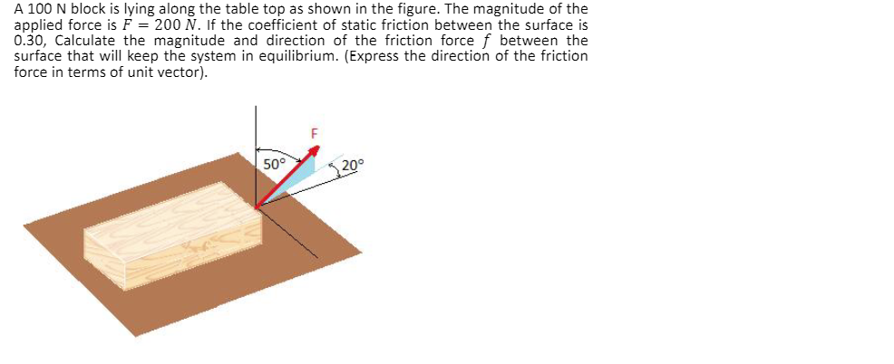 A 100 N block is lying along the table top as shown in the figure. The magnitude of the
applied force is F= 200 N. If the coefficient of static friction between the surface is
0.30, Calculate the magnitude and direction of the friction force f between the
surface that will keep the system in equilibrium. (Express the direction of the friction
force in terms of unit vector).
50°
F
20°