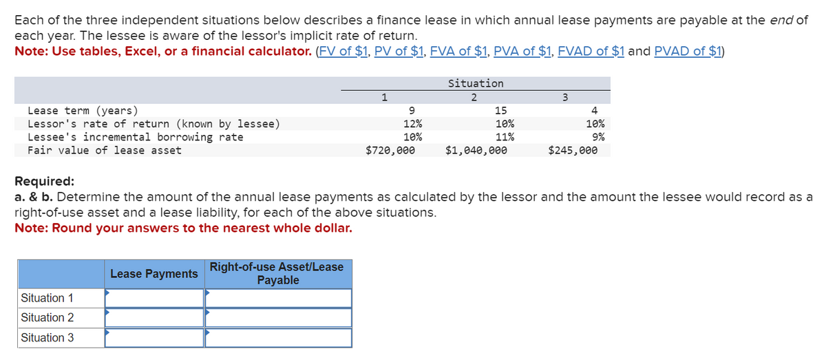 Each of the three independent situations below describes a finance lease in which annual lease payments are payable at the end of
each year. The lessee is aware of the lessor's implicit rate of return.
Note: Use tables, Excel, or a financial calculator. (FV of $1, PV of $1, FVA of $1, PVA of $1, FVAD of $1 and PVAD of $1)
Lease term (years)
Lessor's rate of return (known by lessee)
Lessee's incremental borrowing rate
Fair value of lease asset
Situation 1
Situation 2
Situation 3
Lease Payments
Right-of-use Asset/Lease
1
Payable
9
12%
10%
$720,000
Situation
2
15
10%
11%
$1,040,000
Required:
a. & b. Determine the amount of the annual lease payments as calculated by the lessor and the amount the lessee would record as a
right-of-use asset and a lease liability, for each of the above situations.
Note: Round your answers to the nearest whole dollar.
3
4
10%
9%
$245,000
